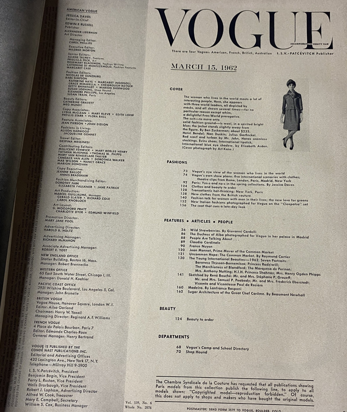 Table of Contents from the March 15, 1962 Vogue Magazine, listing various articles and features on fashion, beauty, and notable personalities of the time.