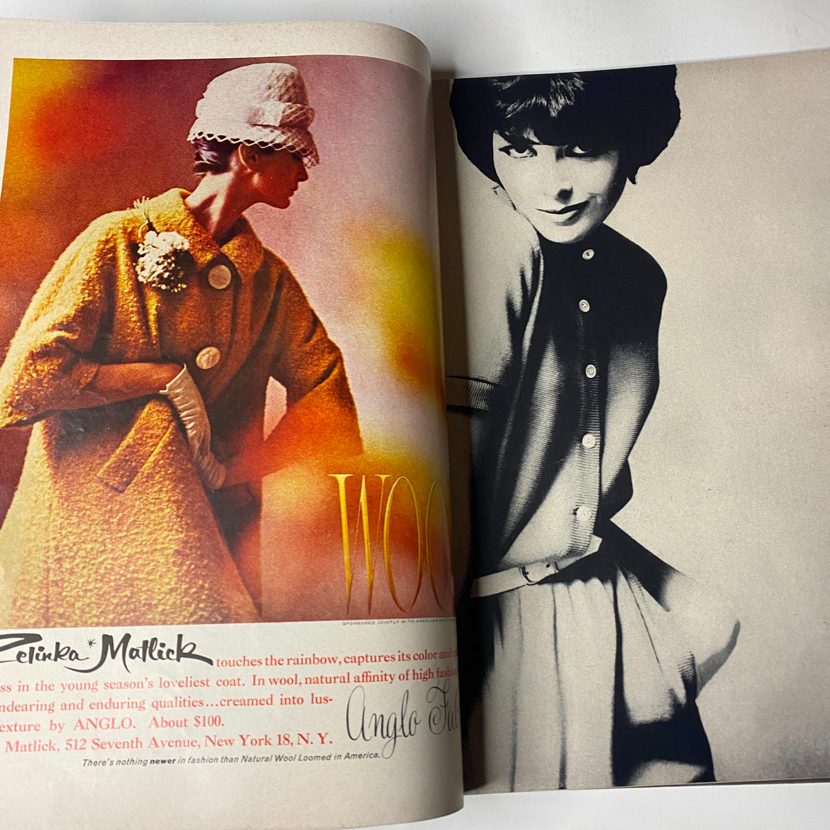 Interior page of March 15, 1962 Vogue Magazine, showcasing an advertisement featuring luxurious clothing styles and textures, reflecting early 1960s fashion trends.