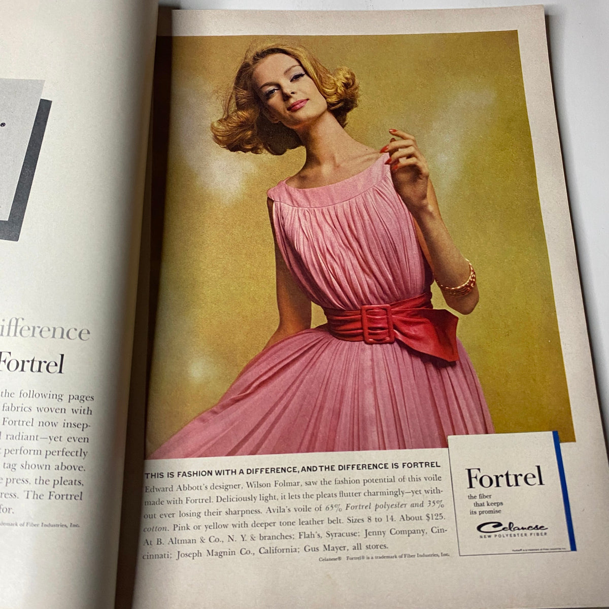 Vogue Magazine March 15, 1962 advertisement featuring a model in a stunning pink dress by Fortrel, showcasing early 1960s fashion elegance.