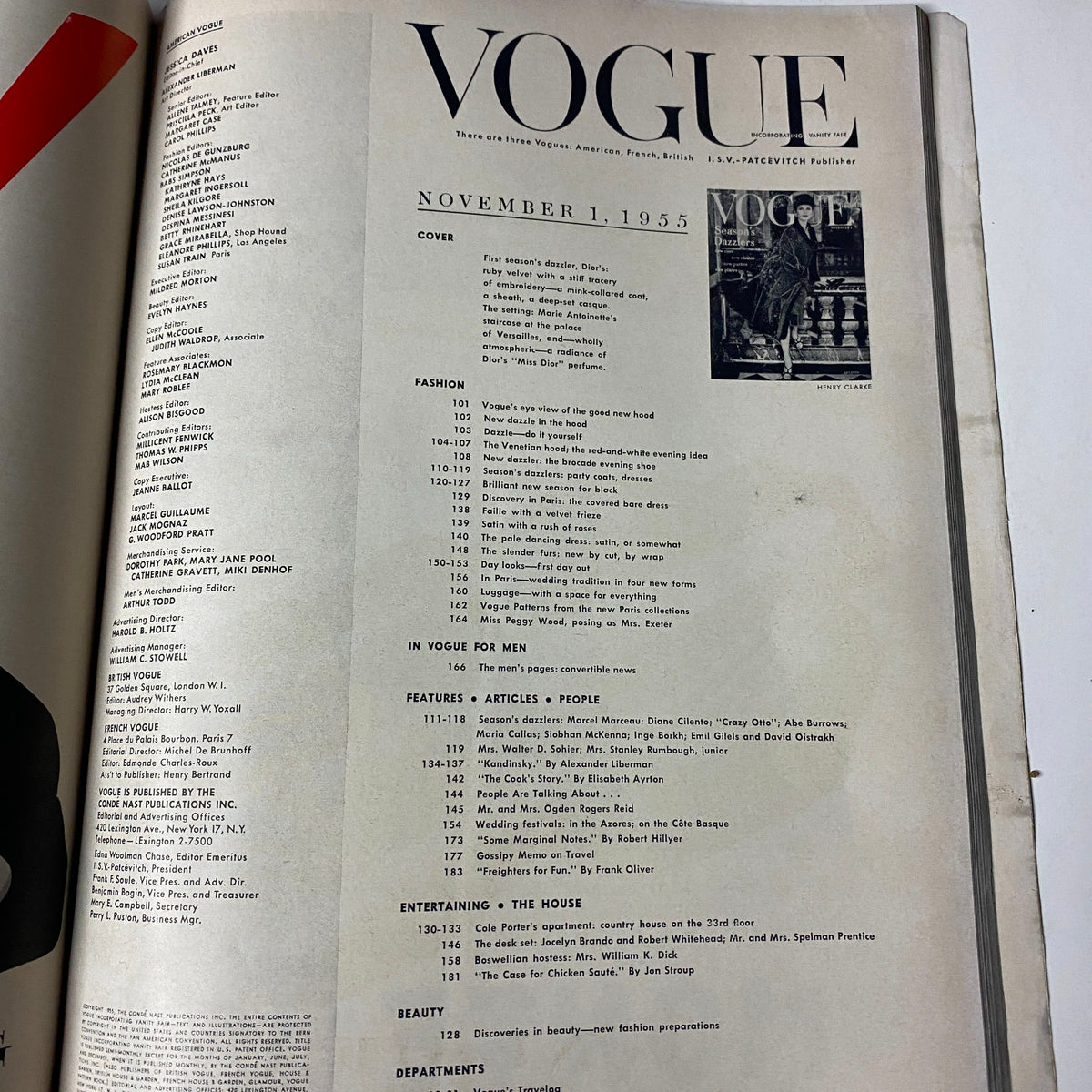 Table of contents page featuring Vogue Magazine November 1, 1955 Anne St. Marie cover, detailing fashion, features, and articles.