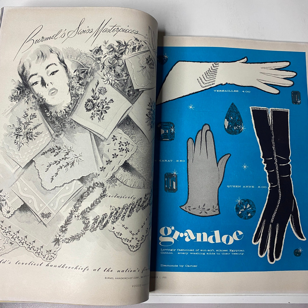 Vogue Magazine November 1, 1955 includes a stunning illustration by Burnell featuring luxurious handkerchiefs, showcasing intricate designs and accessories, perfect for vintage fashion enthusiasts.