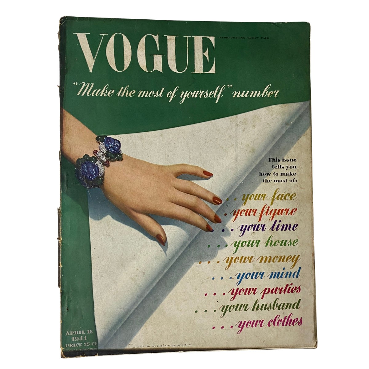 Vogue Magazine April 15, 1941 cover featuring the theme 'Make the most of yourself' with an elegant hand wearing a bracelet, highlighting topics about self-improvement and style.