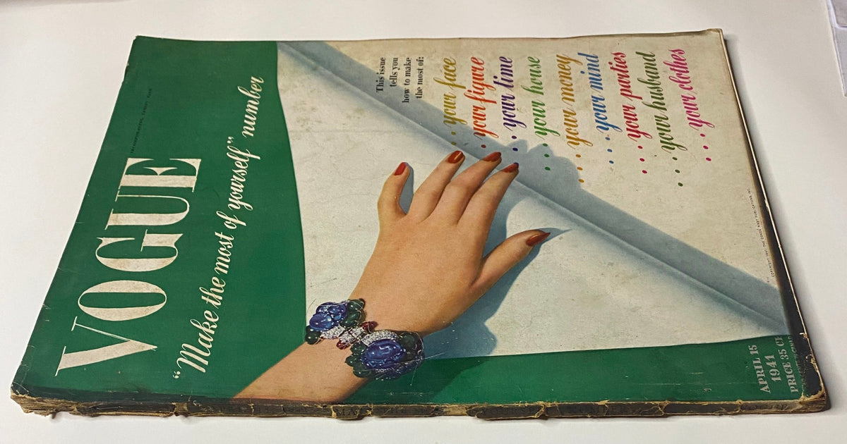Vogue Magazine April 15, 1941 cover displaying a hand with red nails adorned in a bracelet, emphasizing the magazine's theme of self-enhancement and fashion tips.