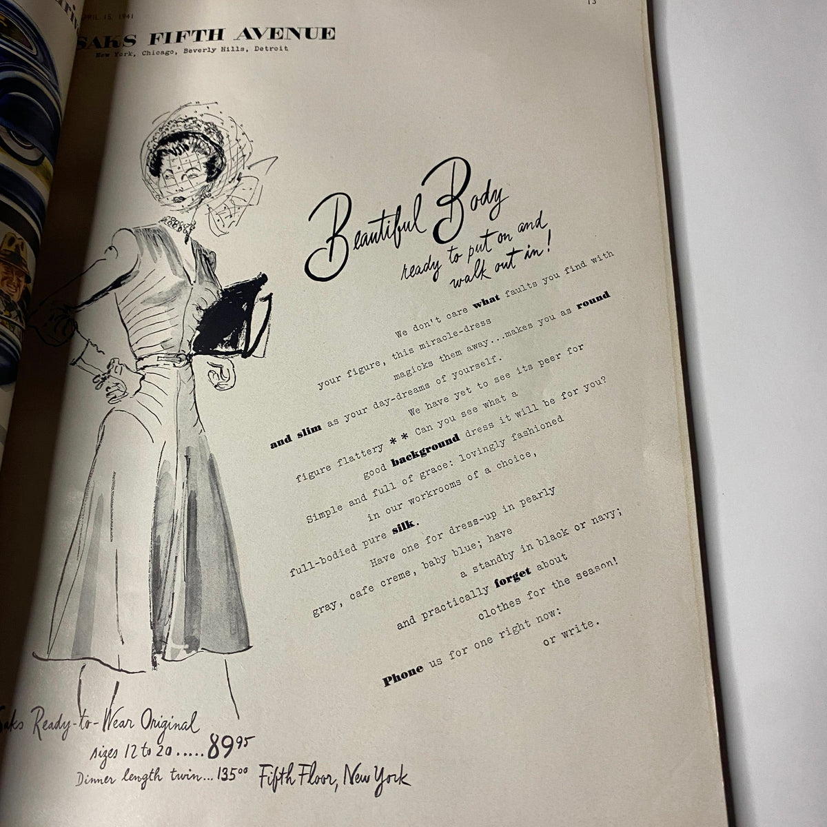Advertisement in Vogue Magazine April 15, 1941 highlighting a dress design with the caption 'Beautiful Body ready to put one on'.