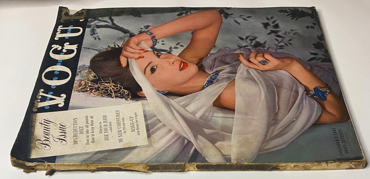 Another angle of the November 1, 1941 Vogue Magazine cover featuring Bettina Bolegard, with emphasis on the beauty editorial content and the magazine's stunning vintage aesthetic.