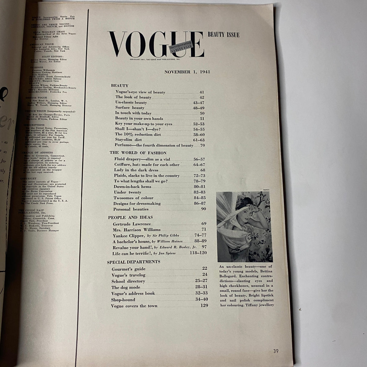 Table of contents from Vogue Magazine November 1, 1941 showcasing various sections including beauty and fashion themes, reflecting the magazine's editorial style during World War II.