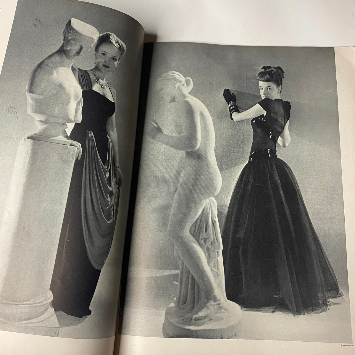 Vogue Magazine November 1, 1941 featuring Bettina Bolegard in elegant fashion, photographed by Horst P. Horst, showcasing vintage haute couture alongside classical statues.