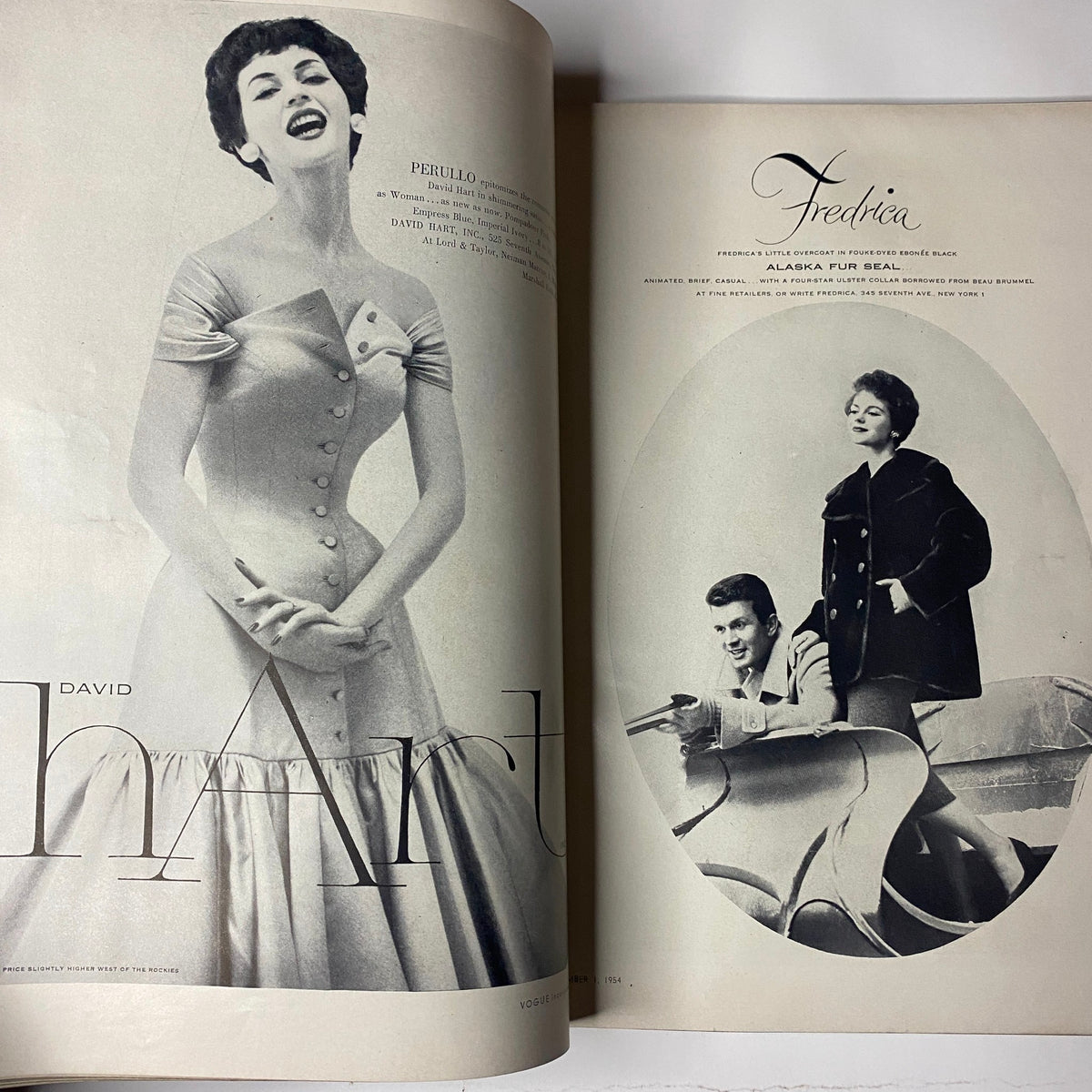 Fashion spread in Vogue Magazine September 1, 1954 featuring designs from David Hart, capturing the essence of 1950s fashion.
