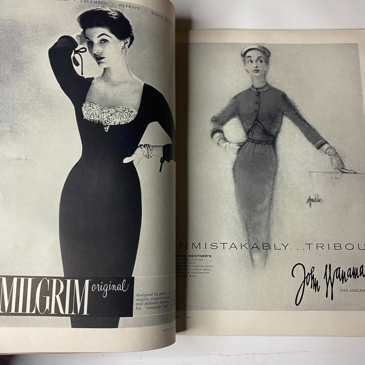 Vogue Magazine September 1, 1954 Evelyn Tripp by Erwin Blumenfeld features a stylish black dress advertisement for Milgrim original alongside a fashion sketch showcasing elegant design.
