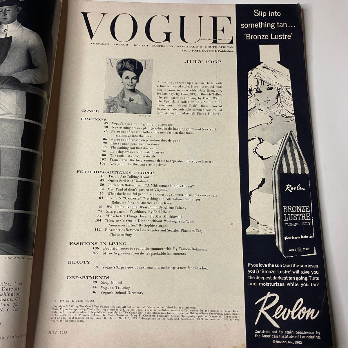 Table of contents page of Vogue Magazine July 1962, showcasing sections on fashion, features, and advertisements, reflecting the magazine's editorial style.