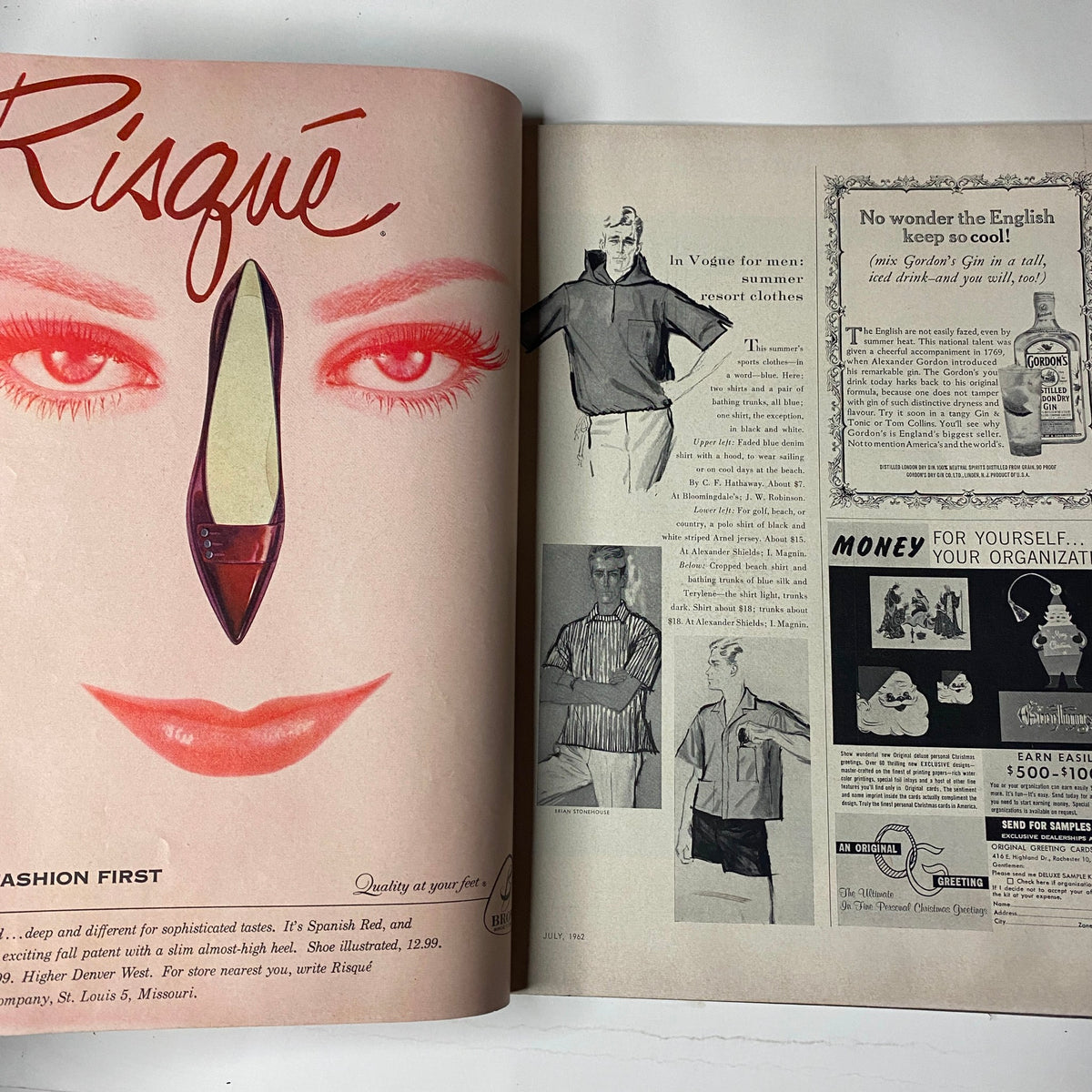 Ad page in Vogue Magazine July 1962 titled 'Risque,' featuring bold makeup and fashion illustrations, highlighting the trends of the era.