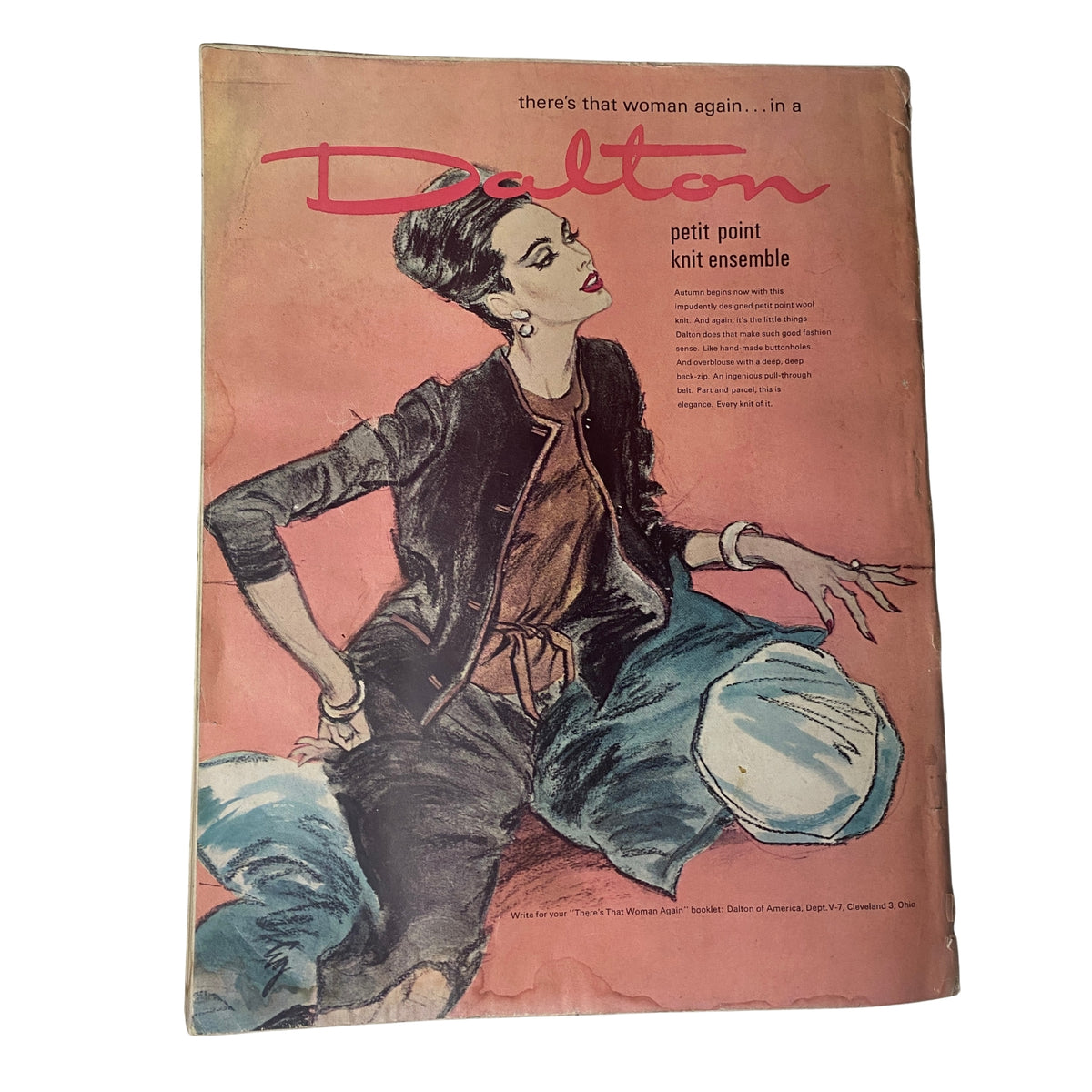 Cover illustration from Vogue Magazine July 1962 featuring Anne De Zogheb in a Dalton petit point knit ensemble, showcasing mid-century fashion and styling by Bert Stern. The artwork reflects the elegance and glamour of the jet-set era.