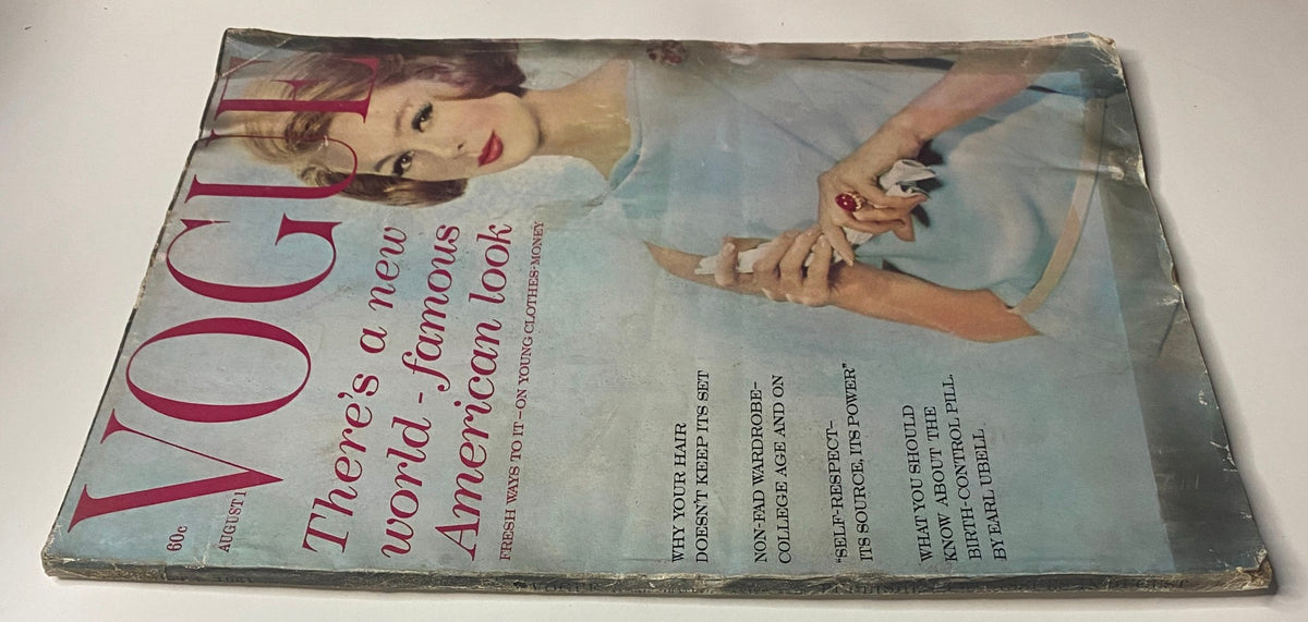 Close-up of Vogue Magazine August 1, 1961 cover highlighting Monique Chevallier, discussing modern fashion trends of the 1960s.