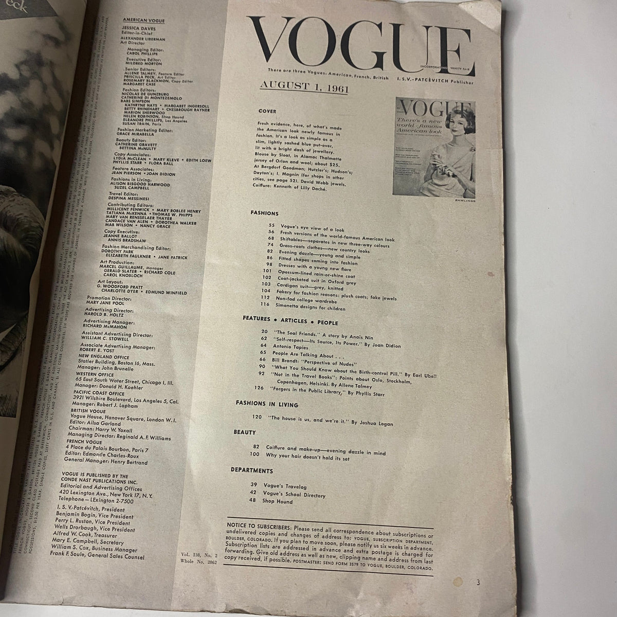 Interior page of Vogue Magazine August 1, 1961, displaying the table of contents, featuring articles and sections in the issue.