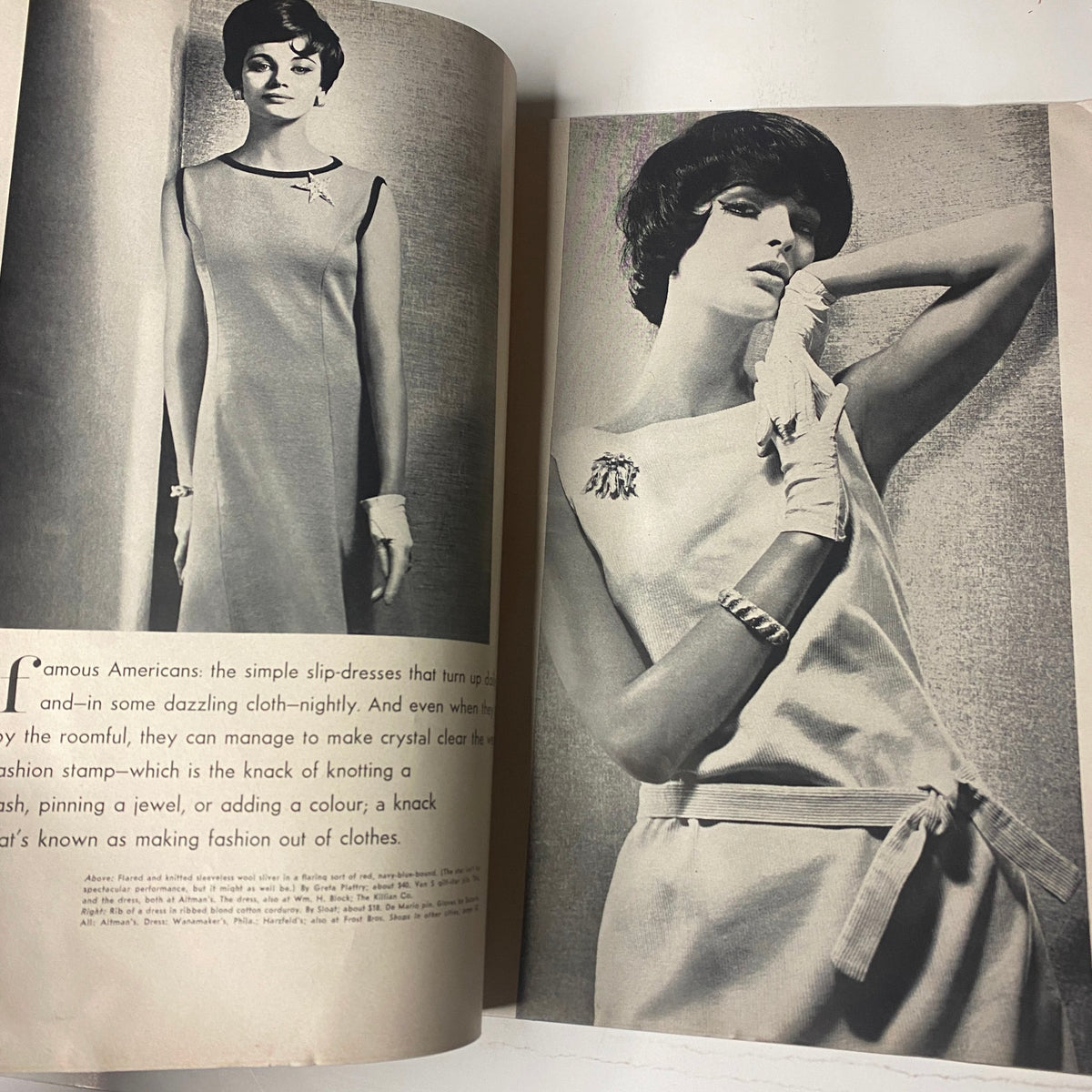 A fashion editorial spread featuring a model in a chic outfit from Vogue Magazine August 1, 1961, emphasizing 1960s fashion aesthetics.
