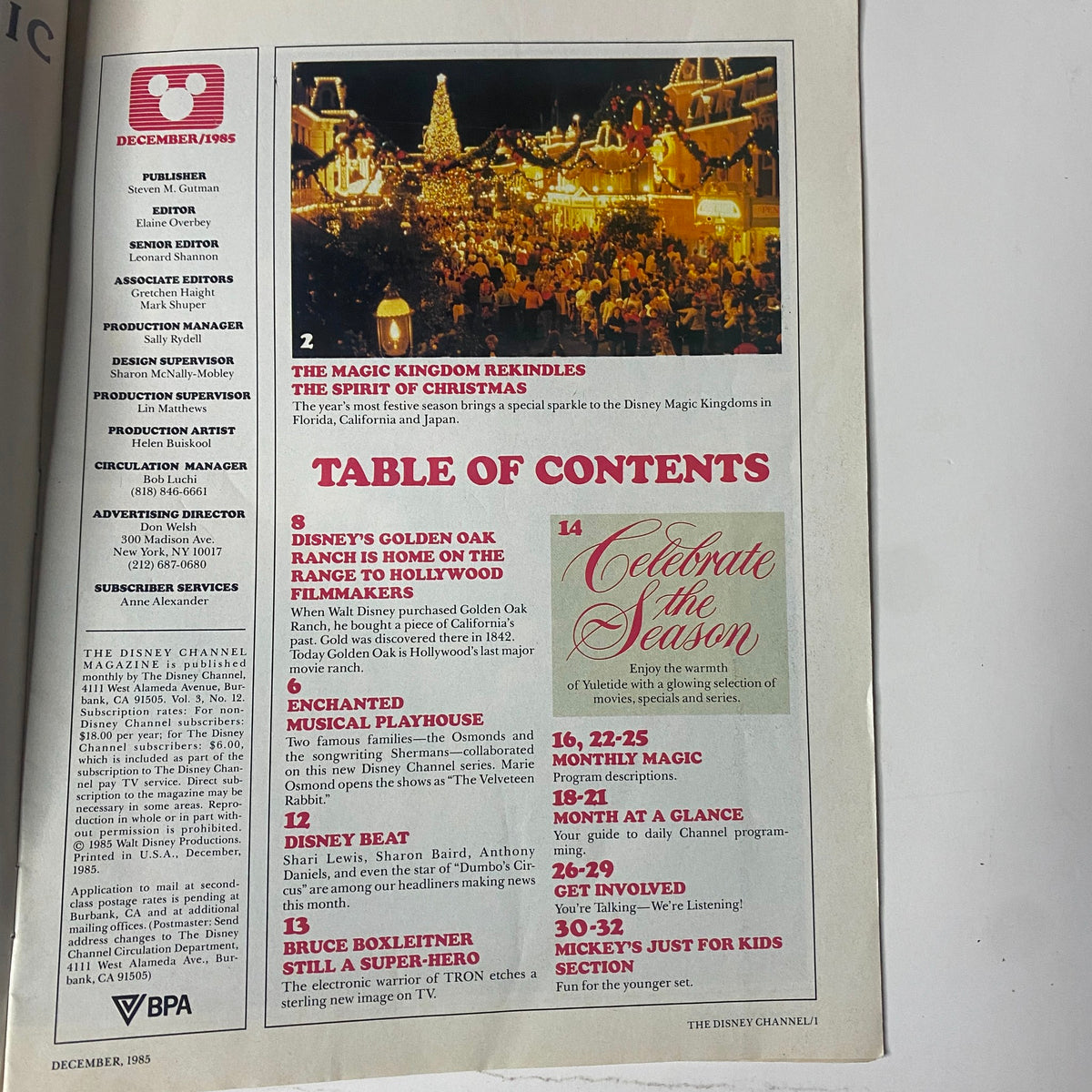 Inside page of The Disney Channel Magazine December 1985 featuring a festive scene and the Table of Contents, highlighting articles like 'Disney’s Golden Oak Ranch is Home on the Range to Hollywood Filmmakers' and 'Celebrate the Season'.