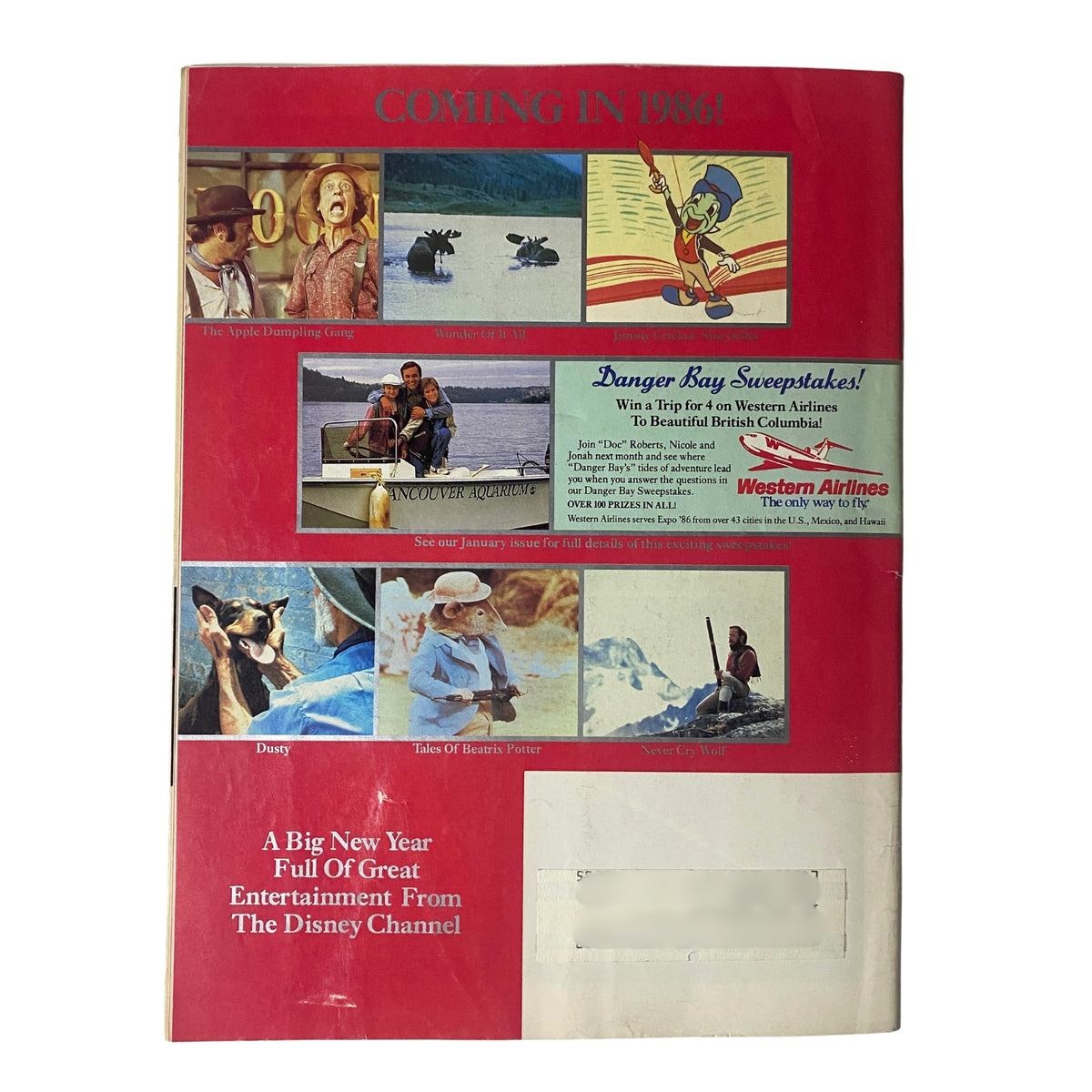 Back cover of The Disney Channel Magazine December 1985 showcasing upcoming content for 1986 and featuring a promotion for a sweepstakes with Western Airlines.