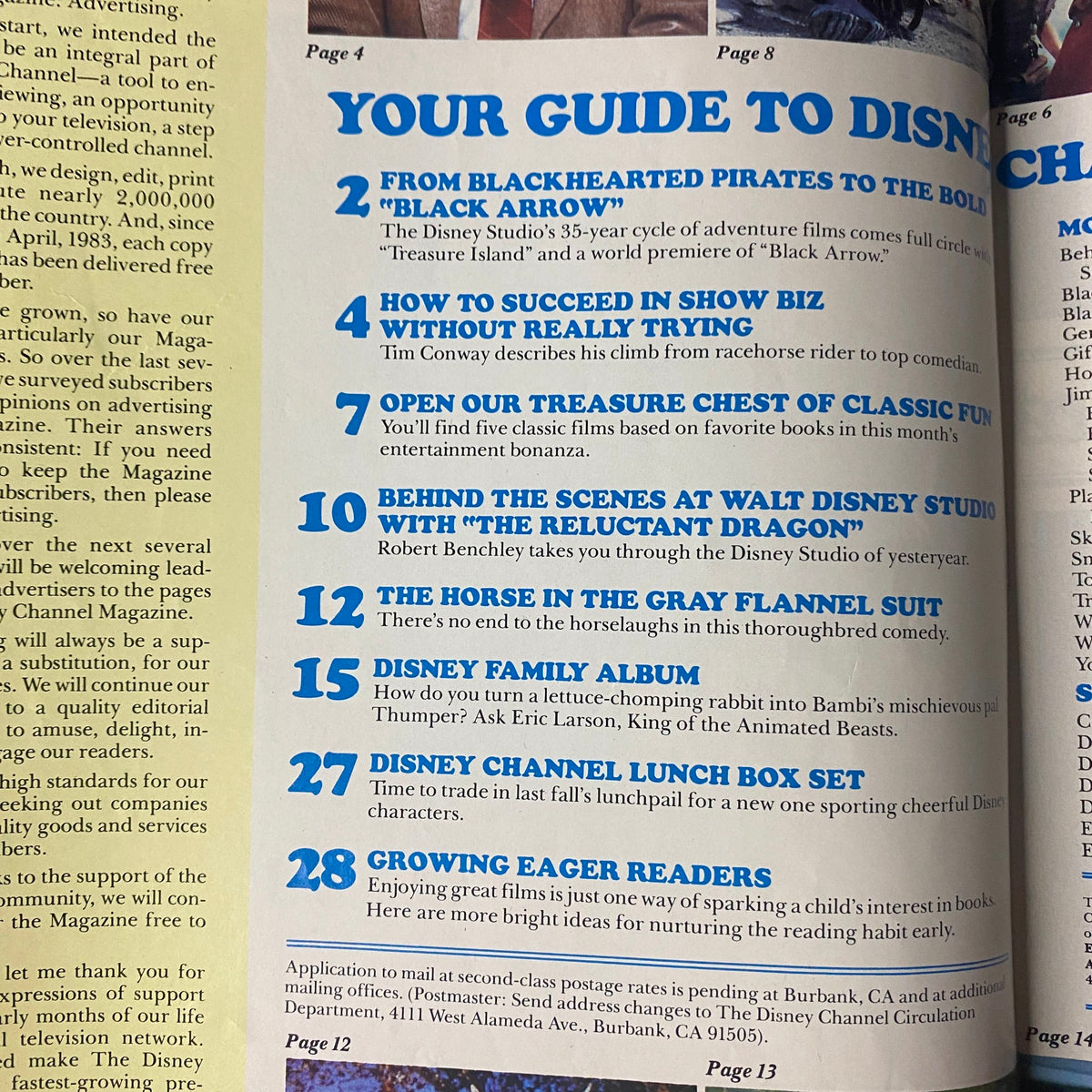 Inside page of The Disney Channel Magazine January 1985 with a guide to Disney. The page lists articles including 'From Blackhearted Pirates to the Bold Black Arrow' and 'How to Succeed in Show Biz Without Really Trying'.