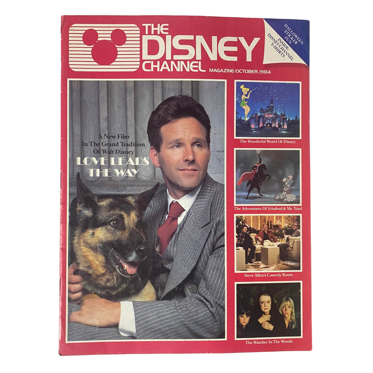 The Disney Channel Magazine October 1984 featuring Timothy Bottoms with a German Shepherd on the cover. Highlights include 'Love Leads the Way' and classic Disney programming.