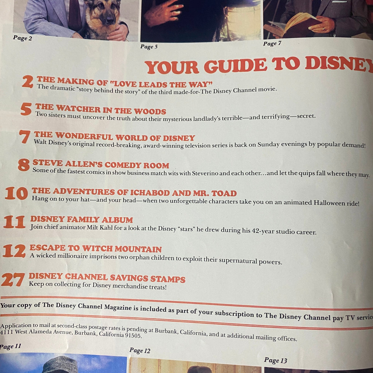 Inside page of The Disney Channel Magazine October 1984 detailing articles including 'The Making of Love Leads the Way' and 'The Watcher in the Woods'.