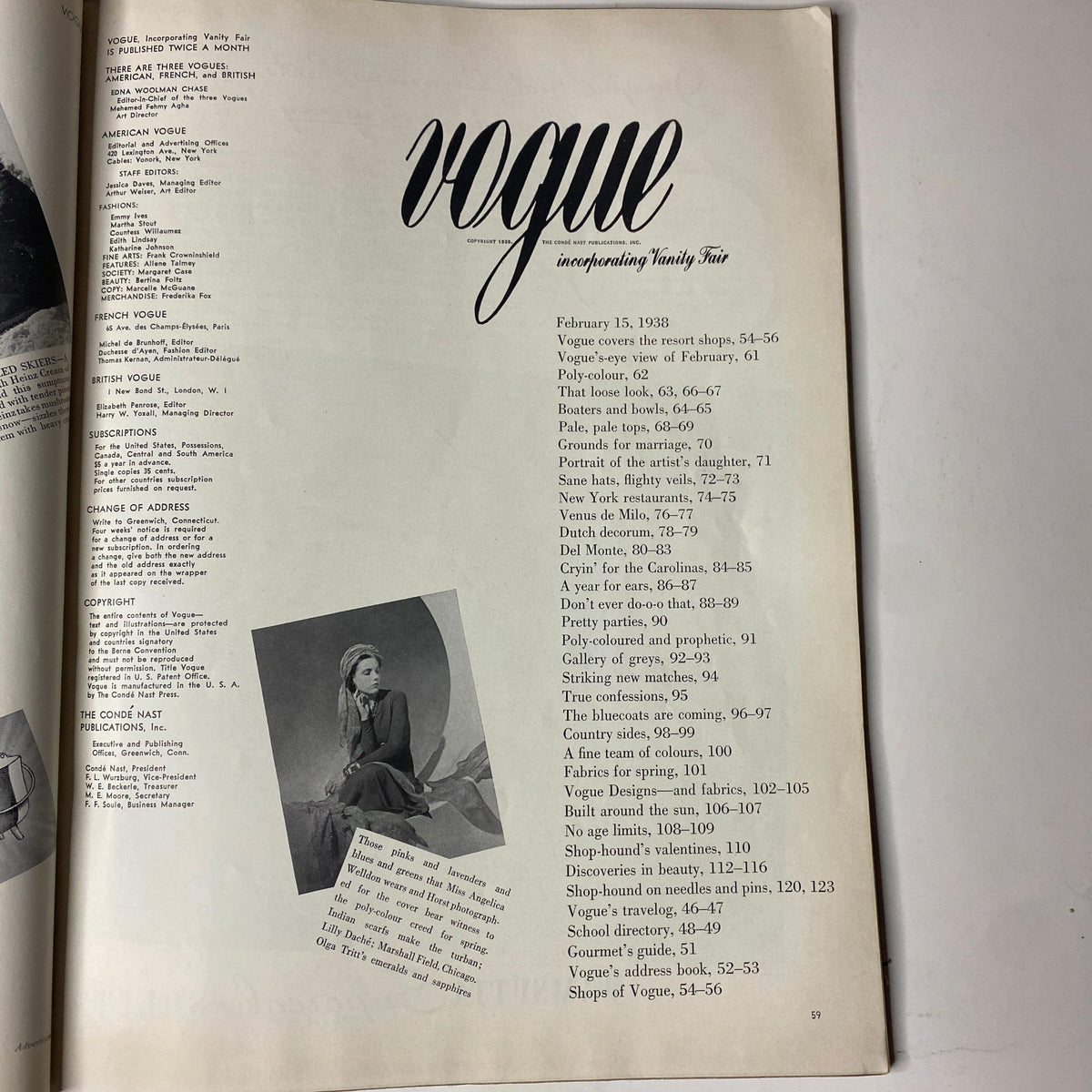 Interior page of Vogue Magazine February 15, 1938 displaying the table of contents, featuring various articles and a vintage layout indicative of late 1930s fashion.