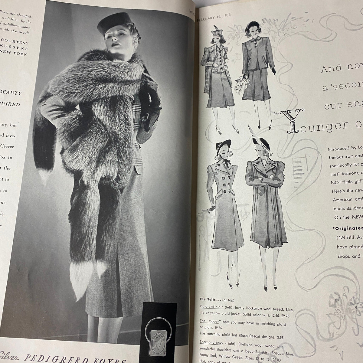 Vogue Magazine February 15, 1938 featuring a model in a stylish fur coat, showcasing late-1930s fashion photography by Horst P. Horst.