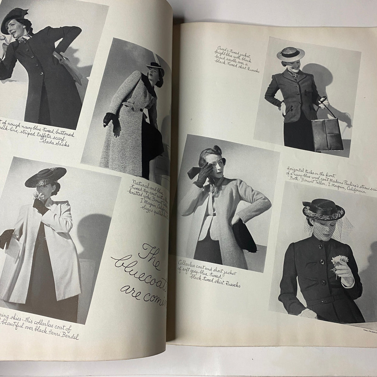 Vogue Magazine February 15, 1938 pages displaying various chic coat designs and hats modeled by elegant women, reflecting the fashion trends of the late 1930s.