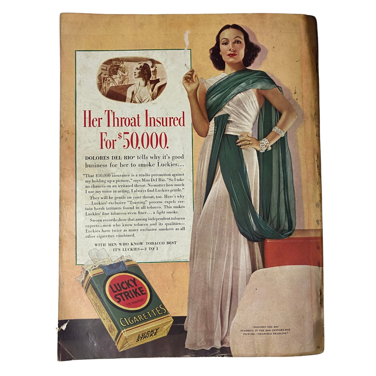Vogue Magazine February 15, 1938 advertisement featuring Dolores Del Rio promoting Lucky Strike cigarettes, illustrated in a glamorous style typical of the period.