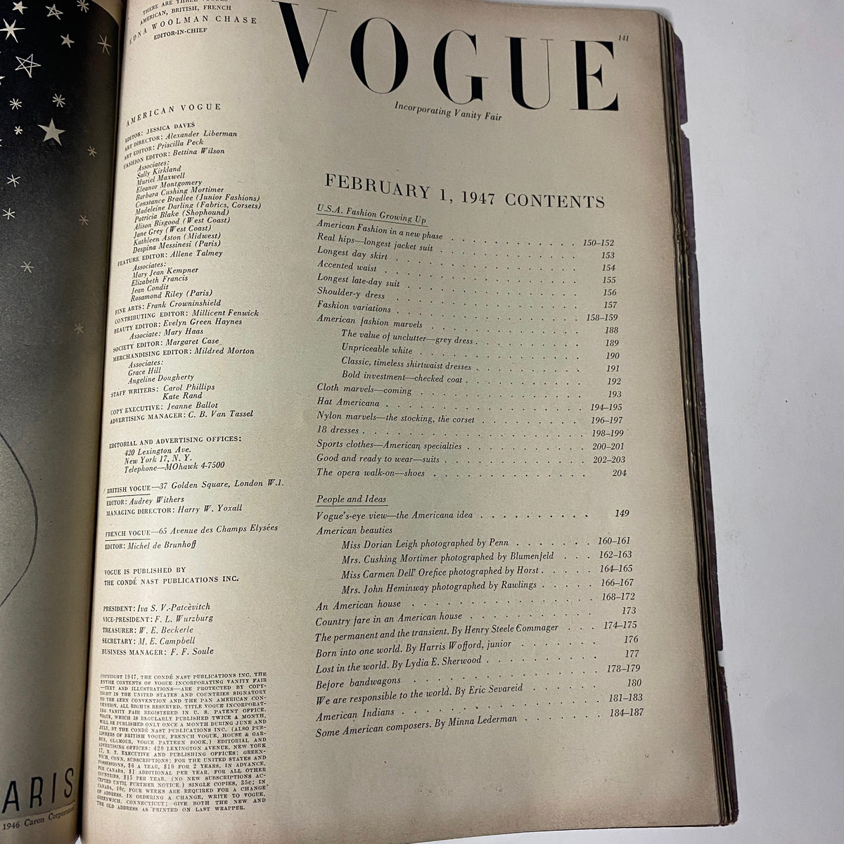 Table of contents page from Vogue Magazine February 1, 1947 Americana Fashion 1947, featuring article titles and page numbers.