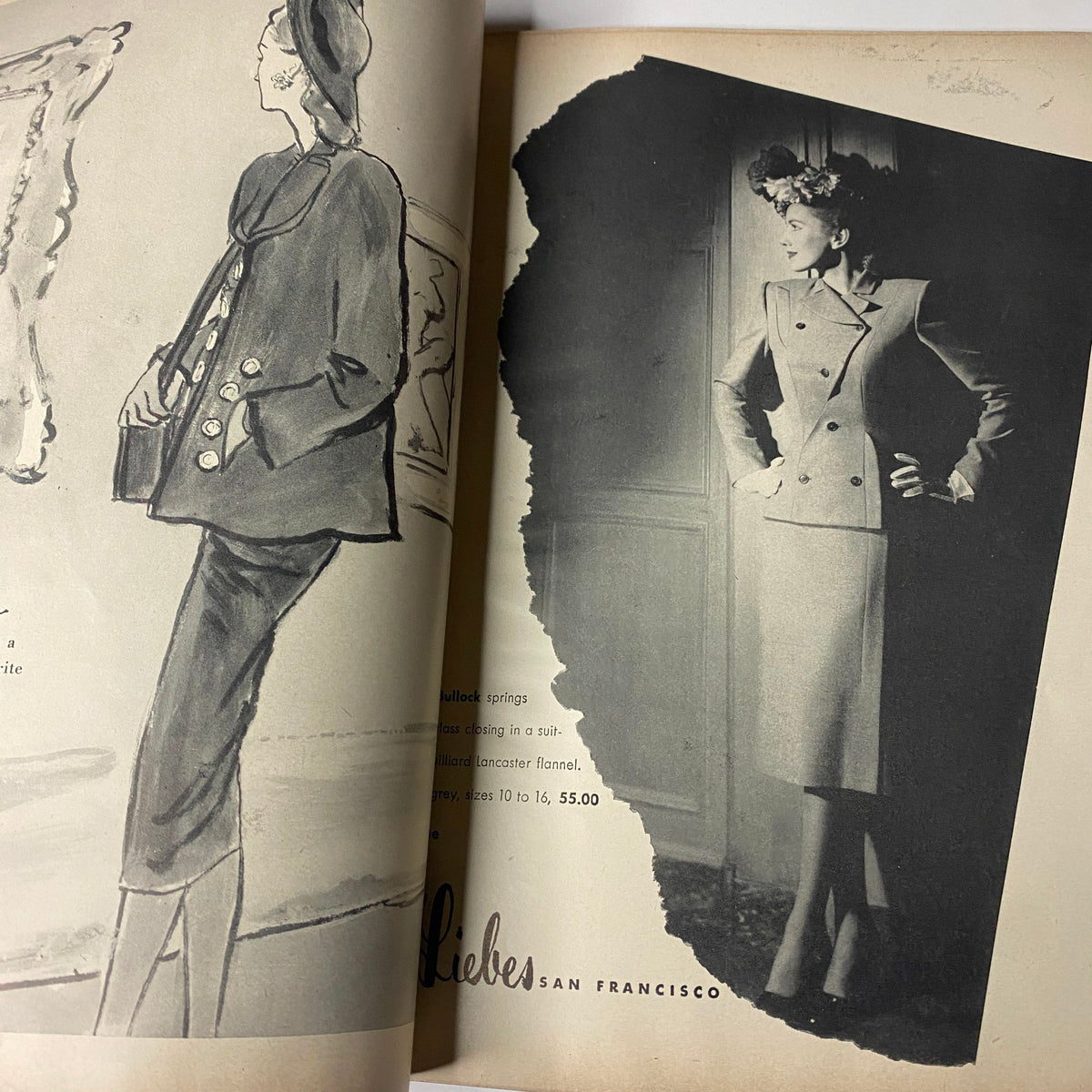 Illustration of vintage 1947 fashion from Vogue Magazine February 1, showcasing a stylish coat and elegant dress, celebrating Americana fashion.