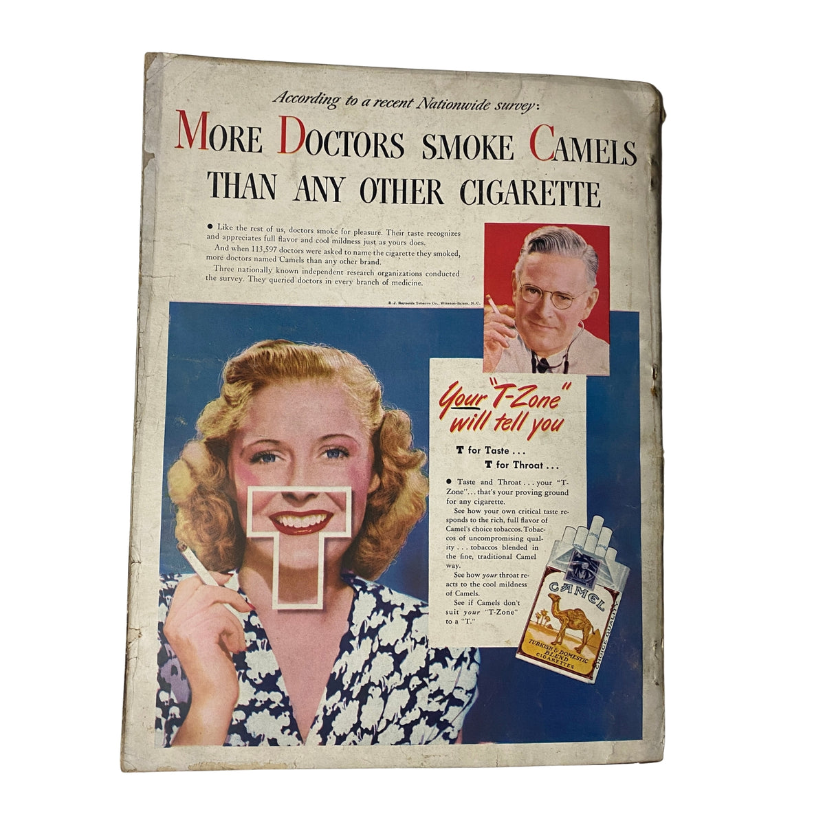 Vintage advertisement featured on the back cover of Vogue Magazine February 1, 1947, promoting Camel cigarettes with a smiling actress.