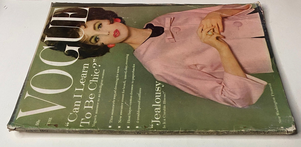 Vogue Magazine June 1961 cover illustration depicting Dorothy McGowan in a chic ensemble, featuring the tagline 'Can I Learn To Be Chic?' highlighting the elegance of 1960s fashion.
