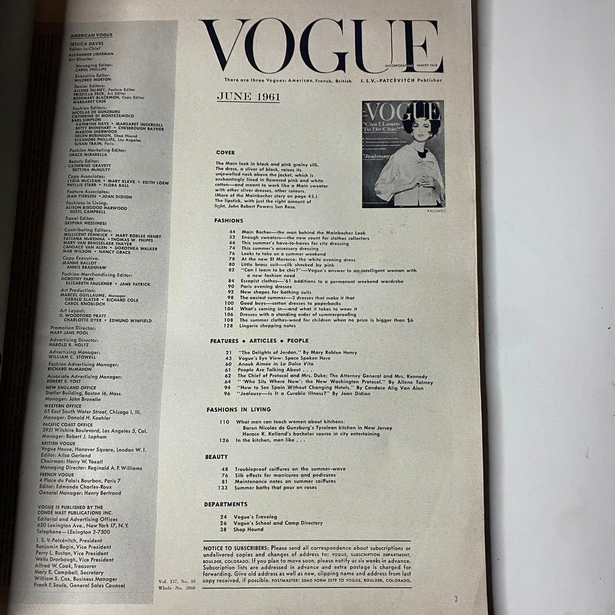 Table of Contents page from Vogue Magazine June 1961, listing features and articles, including topics on fashion, beauty, and culture from the early 1960s.