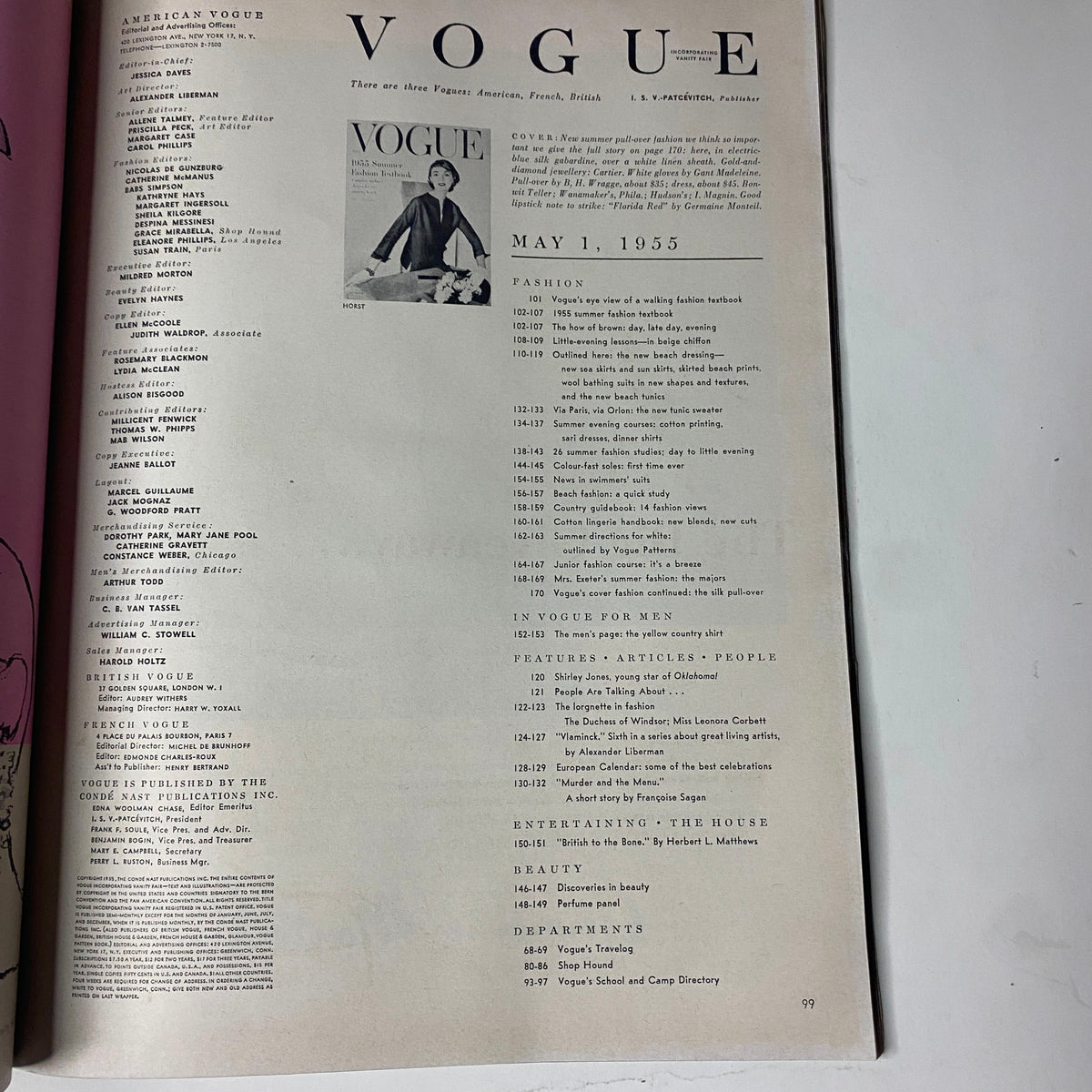 Table of contents from Vogue Magazine May 1, 1955 Summer Fashion Textbook, featuring articles on fashion and beauty.