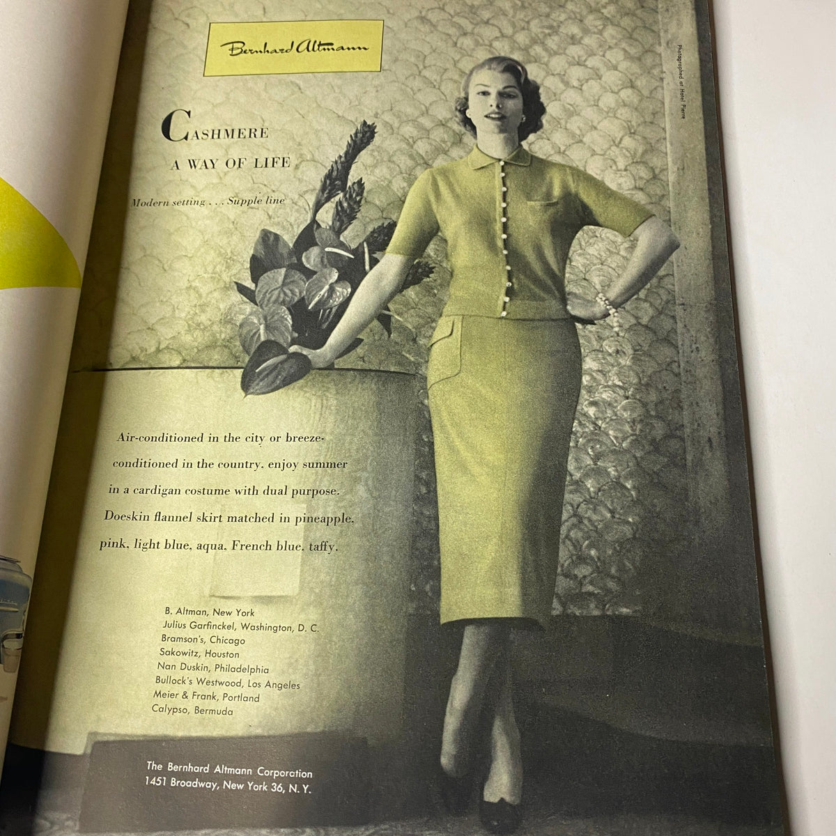 Cashmere advertisement from Vogue Magazine May 1, 1955 Summer Fashion Textbook, highlighting stylish clothing options.
