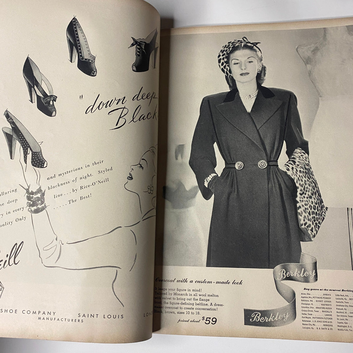 Interior spread of Vogue Magazine September 1, 1944, displaying a fashion advertisement. The cover features Selene Mahri, photographed by John Rawlings, showcasing styles from the era.