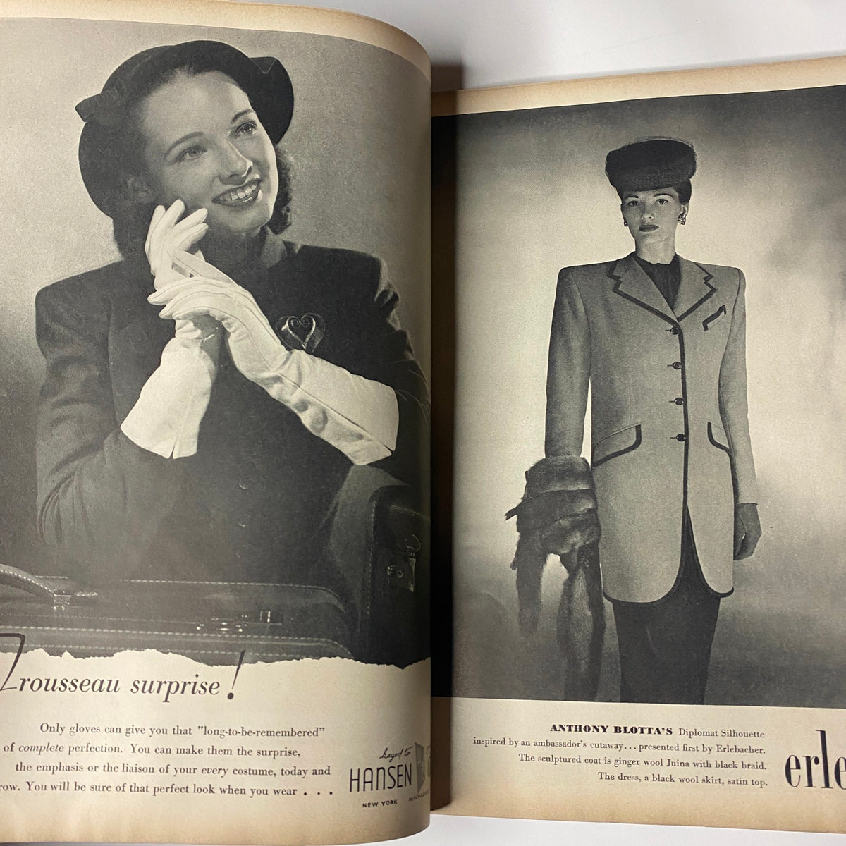 Vogue Magazine September 1, 1944 Selene Mahri Cover by John Rawlings. Vintage fashion advertisement featuring elegant styles with a model wearing gloves and a sophisticated suit, highlighting 1940s vintage fashion and design.