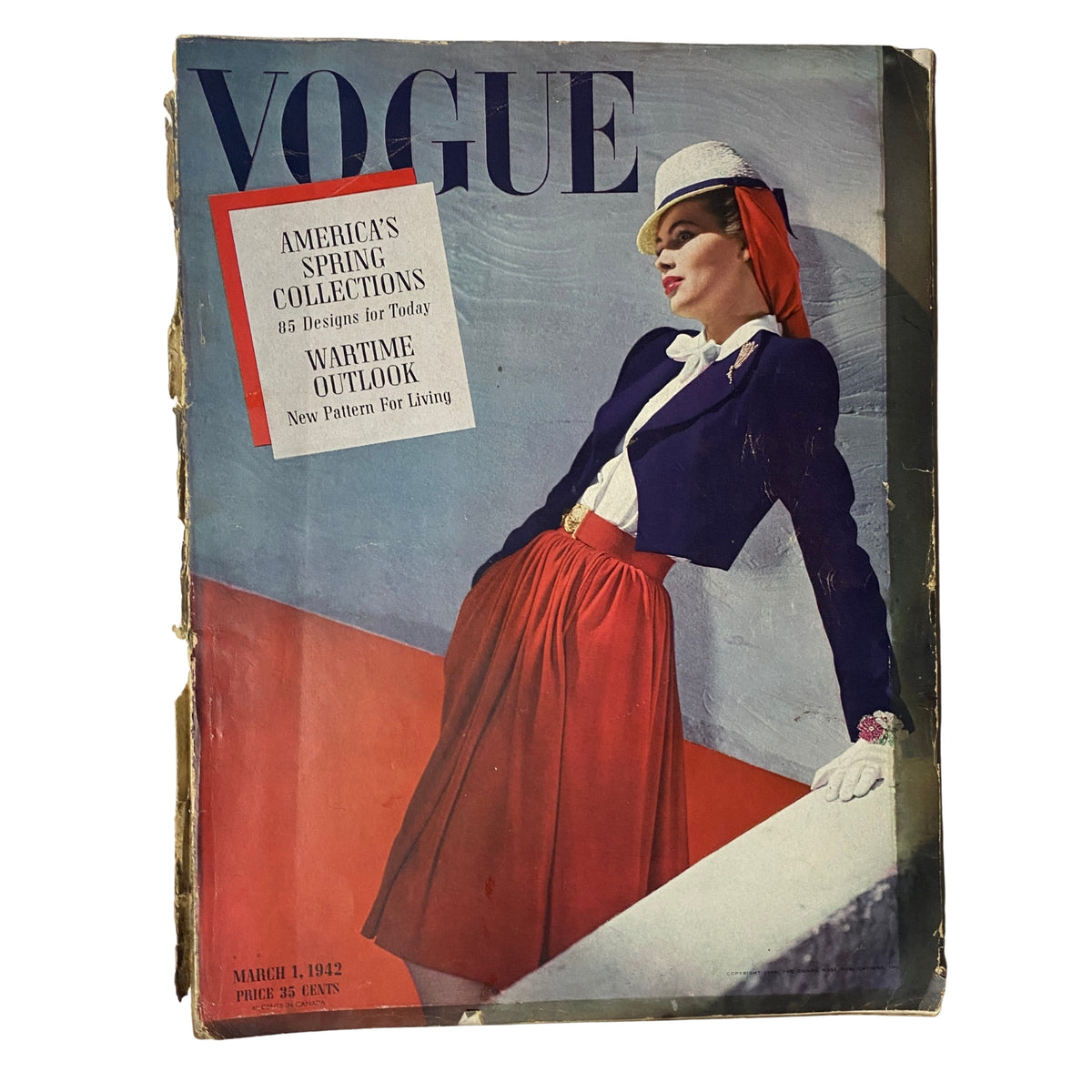 Vogue Magazine March 1, 1942 Wartime Look Cover by Horst P. Horst featuring a woman in elegant wartime fashion with a bold red skirt and stylish jacket.