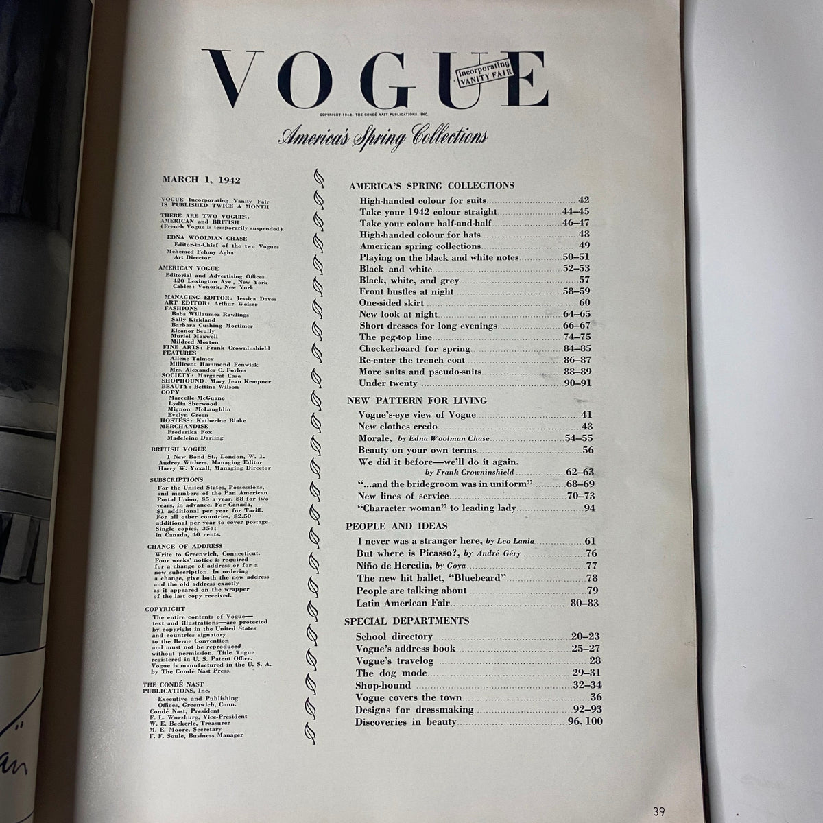 Table of Contents page from Vogue Magazine March 1, 1942 featuring America's Spring Collections and various fashion topics discussed in the issue.