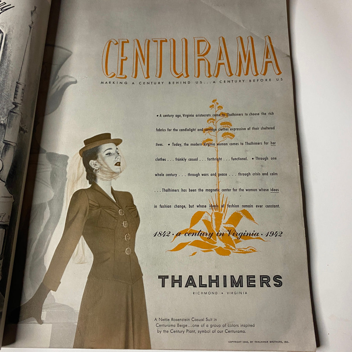 Vogue Magazine March 1, 1942 Wartime Look Cover by Horst P. Horst showcasing a vintage advertisement for Thalhimers featuring a model in a stylish suit, promoting century-long fashion from Virginia.