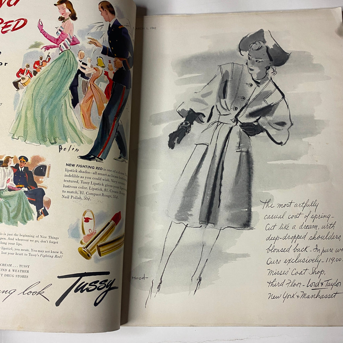Vogue Magazine March 1, 1942 Wartime Look Cover by Horst P. Horst displaying an elegant fashion illustration featuring a woman in a glamorous dress, promoting Tussy cosmetics, set against a stylish backdrop.