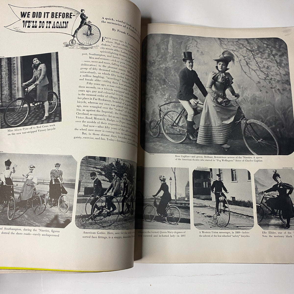 Vogue Magazine March 1, 1942 Wartime Look Cover by Horst P. Horst illustrating a page titled 'We Did It Before—We'll Do It Again,' featuring historical photographs of men and women on bicycles, highlighting fashion evolution through the ages.