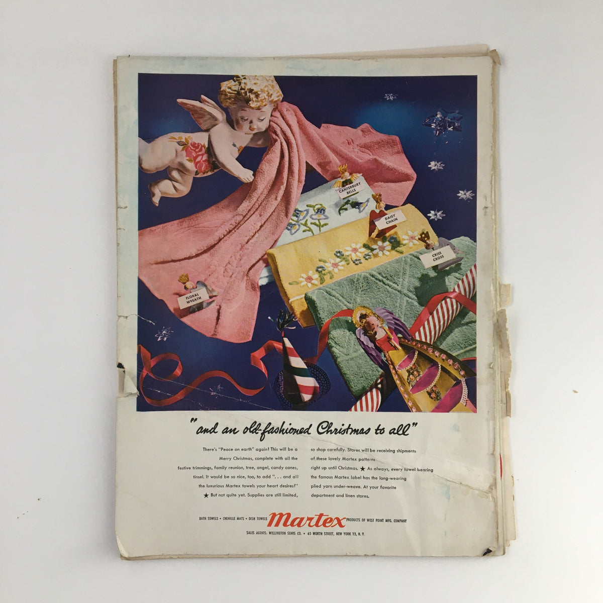 Ad page from VTG Vogue Magazine December 1 1945 The War-Free Christmas featuring Martex products and Christmas decorations.