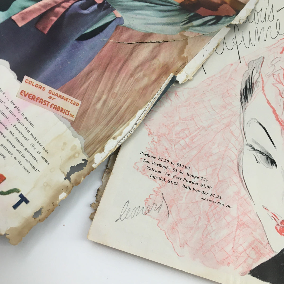 Detail of torn pages from the Vintage Vogue Magazine May 1 1944, illustrating vintage advertisements and fashion illustrations.