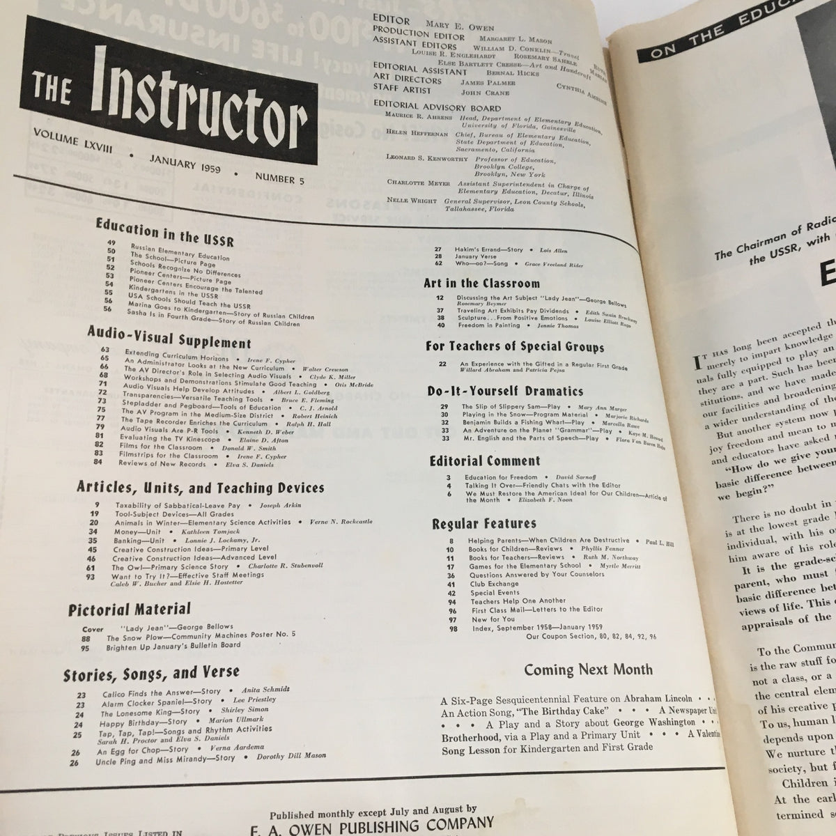 Contents page of VTG The Instructor Magazine January 1959 featuring article titles and section headings, emphasizing the magazine's focus on education and teaching resources.