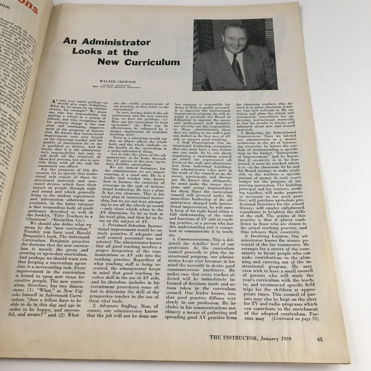Interior page of The Instructor Magazine January 1959 featuring the article 'An Administrator Looks at the New Curriculum' by Walter Chewson, including a photograph of Chewson.