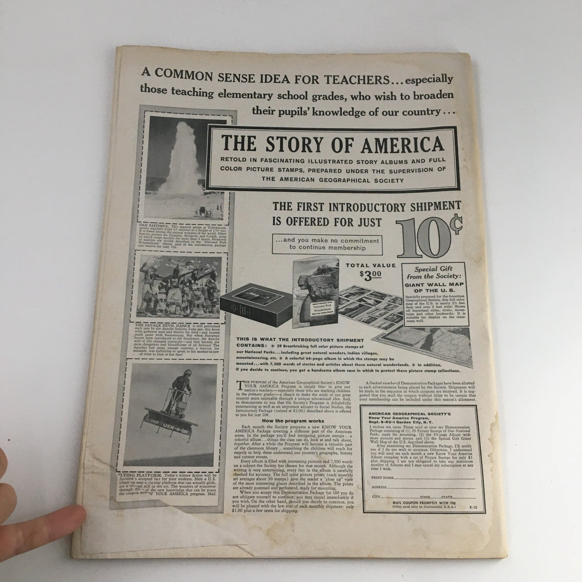 Back cover of The Instructor Magazine January 1959 advertising the 'Story of America' subscription service for teachers, featuring various historical images and promotional text.