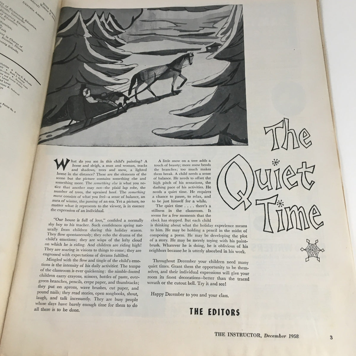 Interior page of VTG The Instructor Magazine December 1958 titled 'The Quiet Time', focusing on themes of balance and creativity in education.