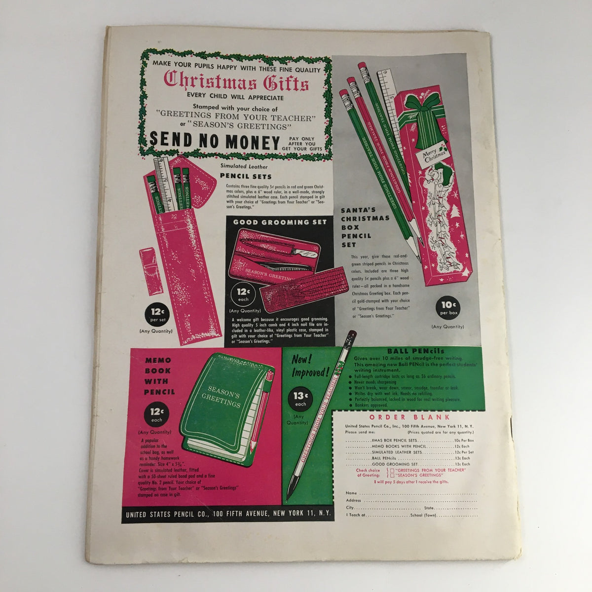 VTG The Instructor Magazine December 1958 featuring an advertisement for Christmas gifts including pencil sets and memo books, highlighting seasonal greetings.