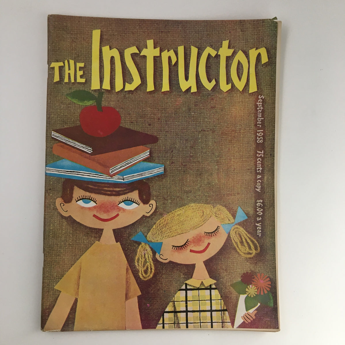Cover of VTG The Instructor Magazine September 1958 featuring playful illustrations of children with books and an apple, showcasing the theme 'Our Problem Yours and Mine'.